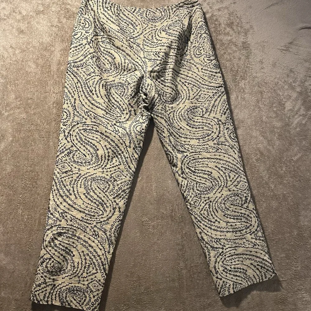 Talbots Pants Womens 10 Linen Tan Black Embroidered Design Cropped Ankle High - Picture 3 of 8